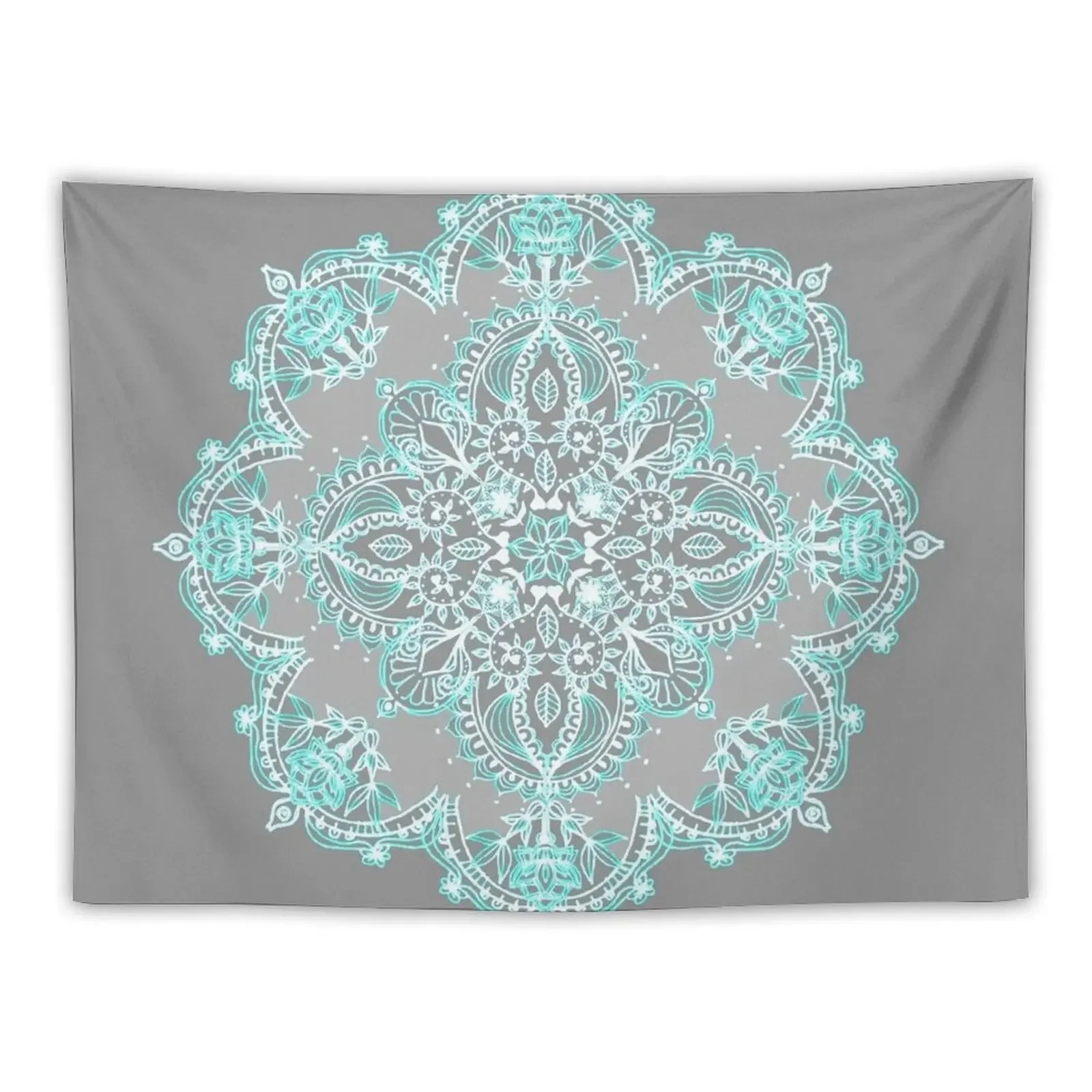 

Teal and Aqua Lace Mandala on Grey Tapestry Wallpaper Wall Hanging Wall Outdoor Decoration Wall Hangings Decoration Tapestry