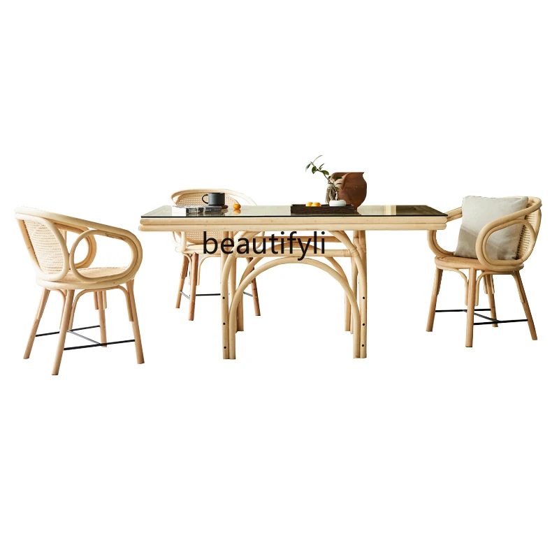 

Solid Wood Dining Table Simple Rattan Dining Table B & B Restaurant Rectangular Natural Rattan Creative B & B furniture