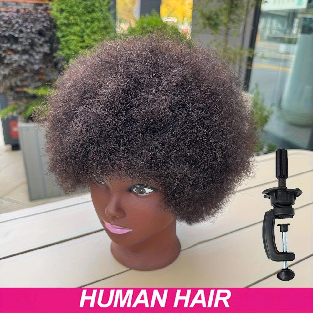 アフリカ人マネキンヘッド、人毛マネキンヘッド、巻き毛美容マネキンヘッド、スタンド付き、スタイリング練習用