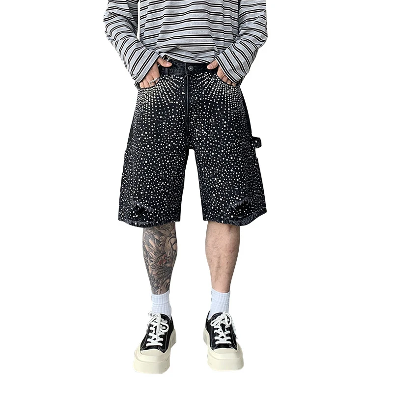 

Streetwear Couple Vintage Rhinestone Sequined Denim Shorts Y2K Cowboy Hip Hop Denim Loose Sport Shorts Denim Casual Shorts