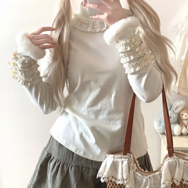 High collar cute fluffy bow long sleeve plush base fashion autumn and winter cute inner top tide