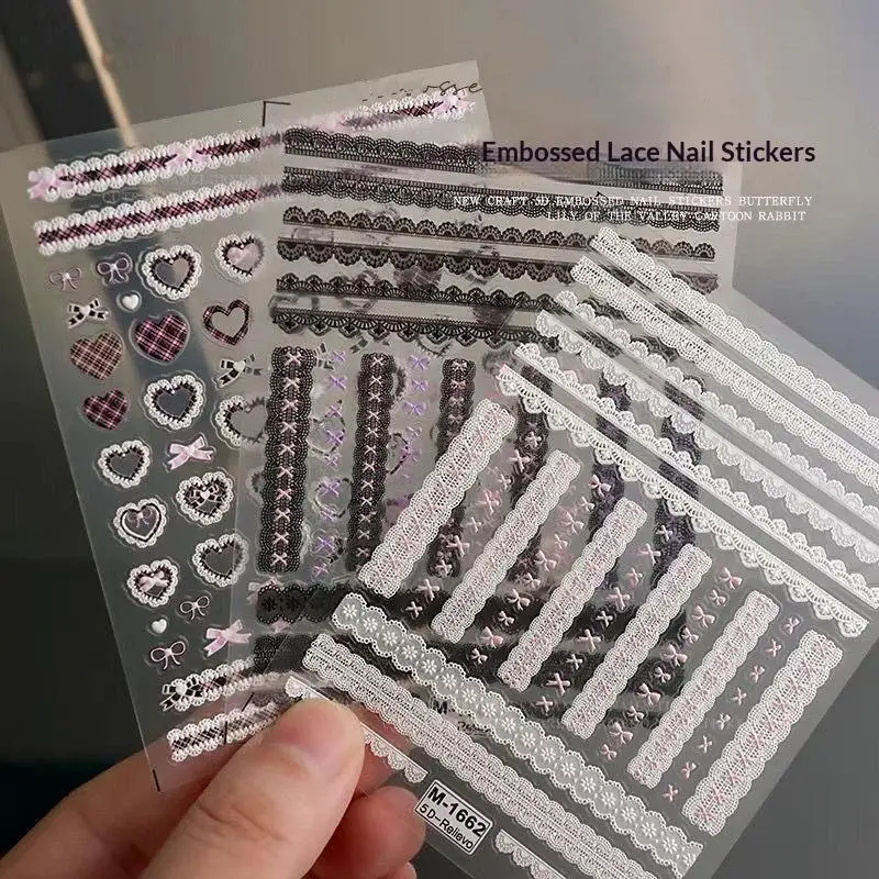 Bow Lace Nail Stickers 1/3Pcs Waterproof Sweet Heart Pattern Self Adhesive Nail Decals for DIY Manicure Decoration