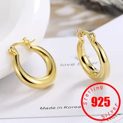 Real 925 Sterling Silver Fashion Minimalist Smooth Surface Round Hoop Earrings For Women Wedding Party Jewelry Q6Y119