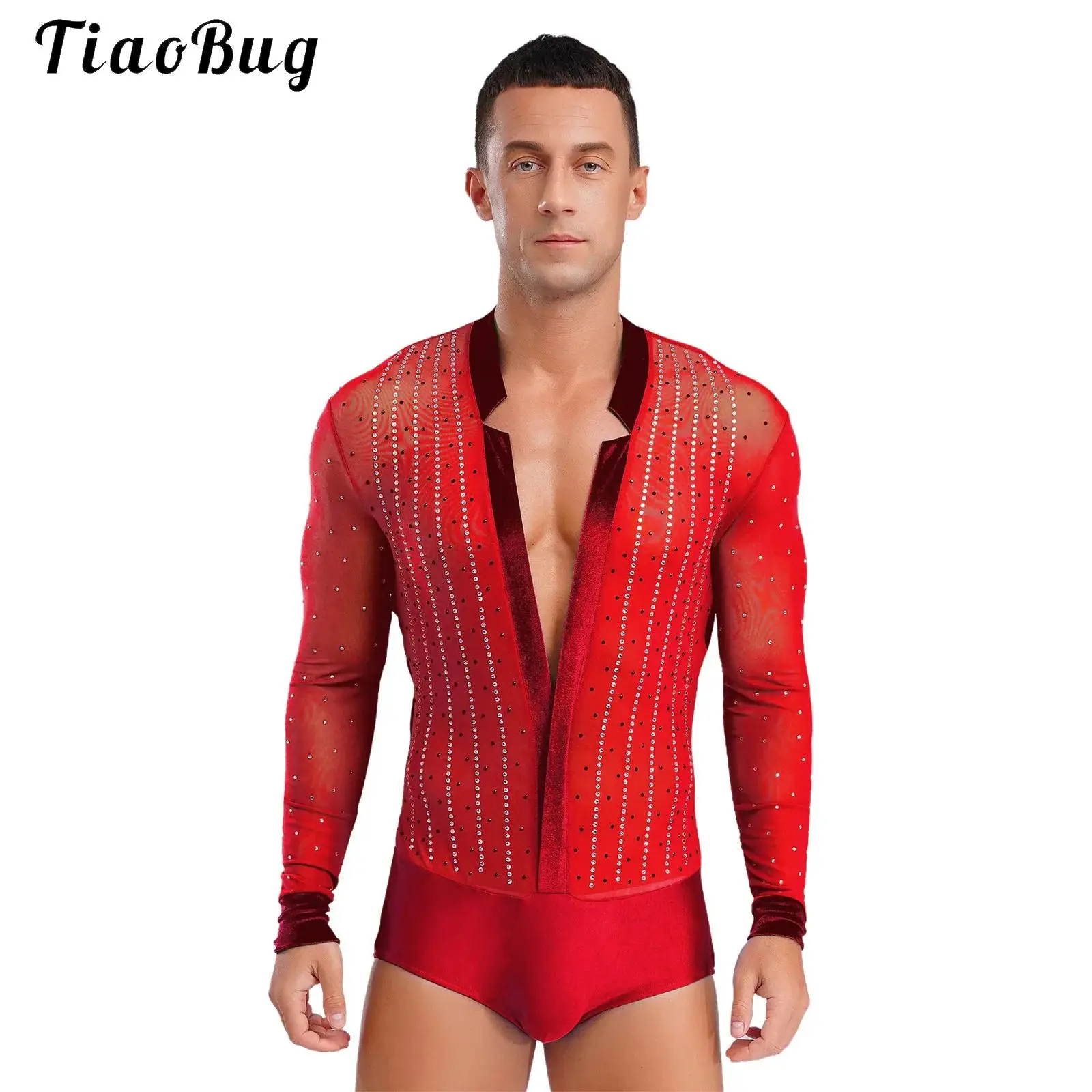 Mens Gymnastics Latin Dance Shirt Shiny Rhinestone Long Sleeve Bodysuit Shirt Tops Ballroom Tango Rumba Competition Dancewear