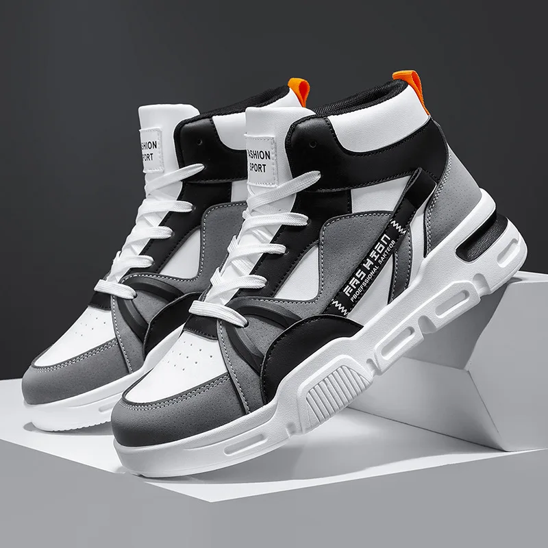 Men's Spring and Autumn Versatile Trendy Color Blocked Sports and Leisure Shoes, High Cut Comfortable Large Outdoor Leather Shoe