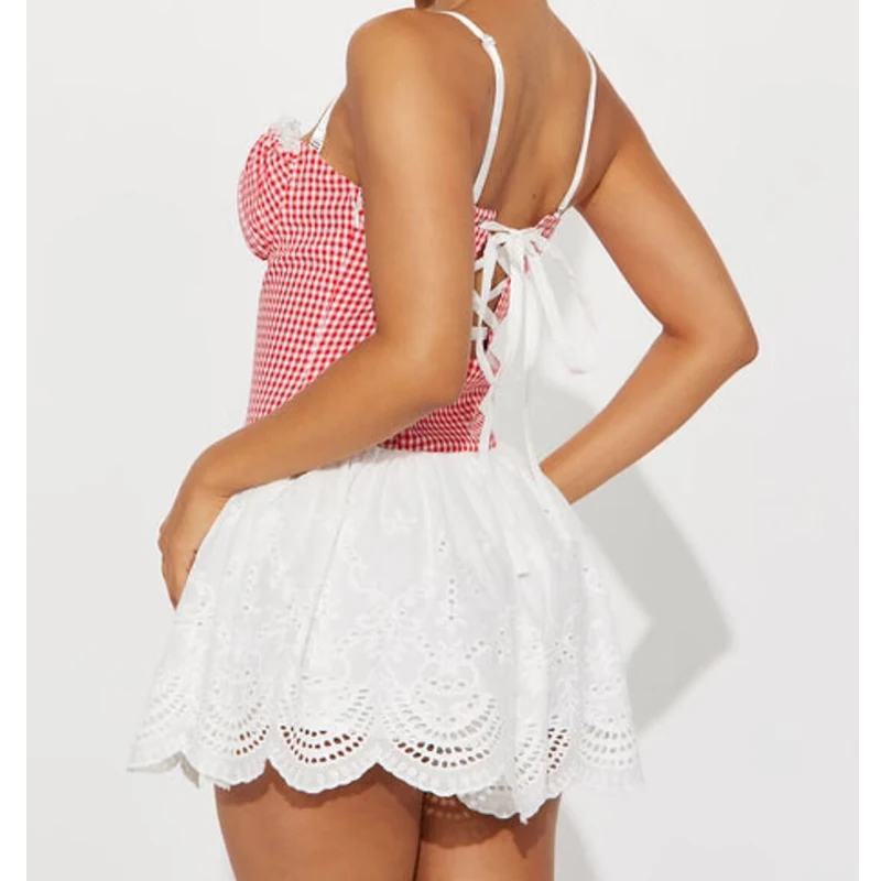 YENKYE النمط الفرنسي المرقعة منقوشة مثير حبال فساتين صغيرة النساء منخفضة الخصر ألف خط عطلة فستان صيفي جلد رداء قصير