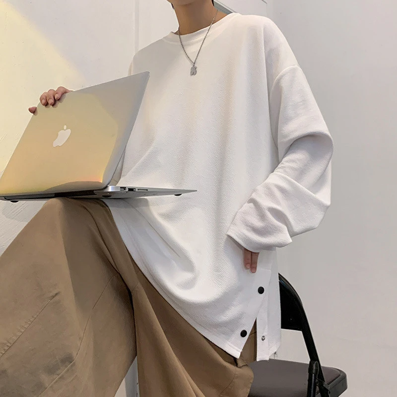 Men Long Sleeve T-shirt Oversized Button Split Hem O Neck Tee Autumn Streetwear Hip Hop Loose Casual Basic Inner Top Plus Size
