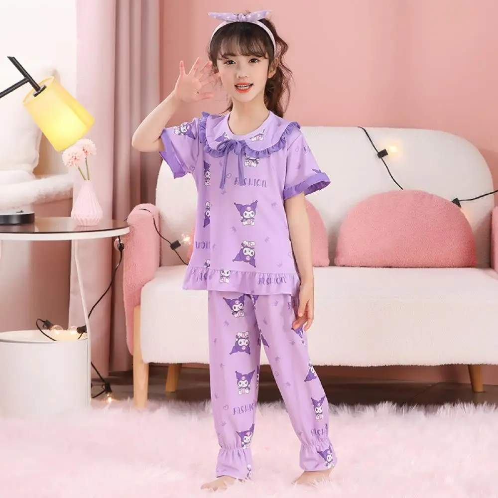 

Детские пижамы с рисунком Cinnamoroll, 2 шт., Kawaii Sanrios, аниме Kuromi, летние свободные пижамы с короткими рукавами для девочек, милая домашняя одежда с круглым вырезом