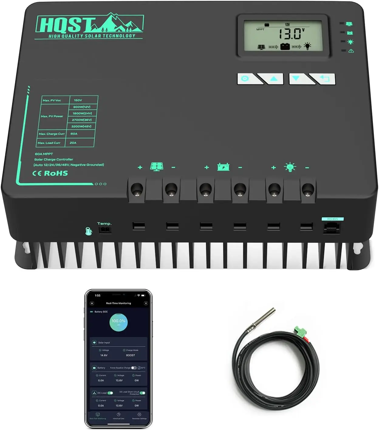 60 Amp MPPT Solar Charge Controller Built-in Bluetooth and Lithium Battery Temperature Protection Function, Support Two