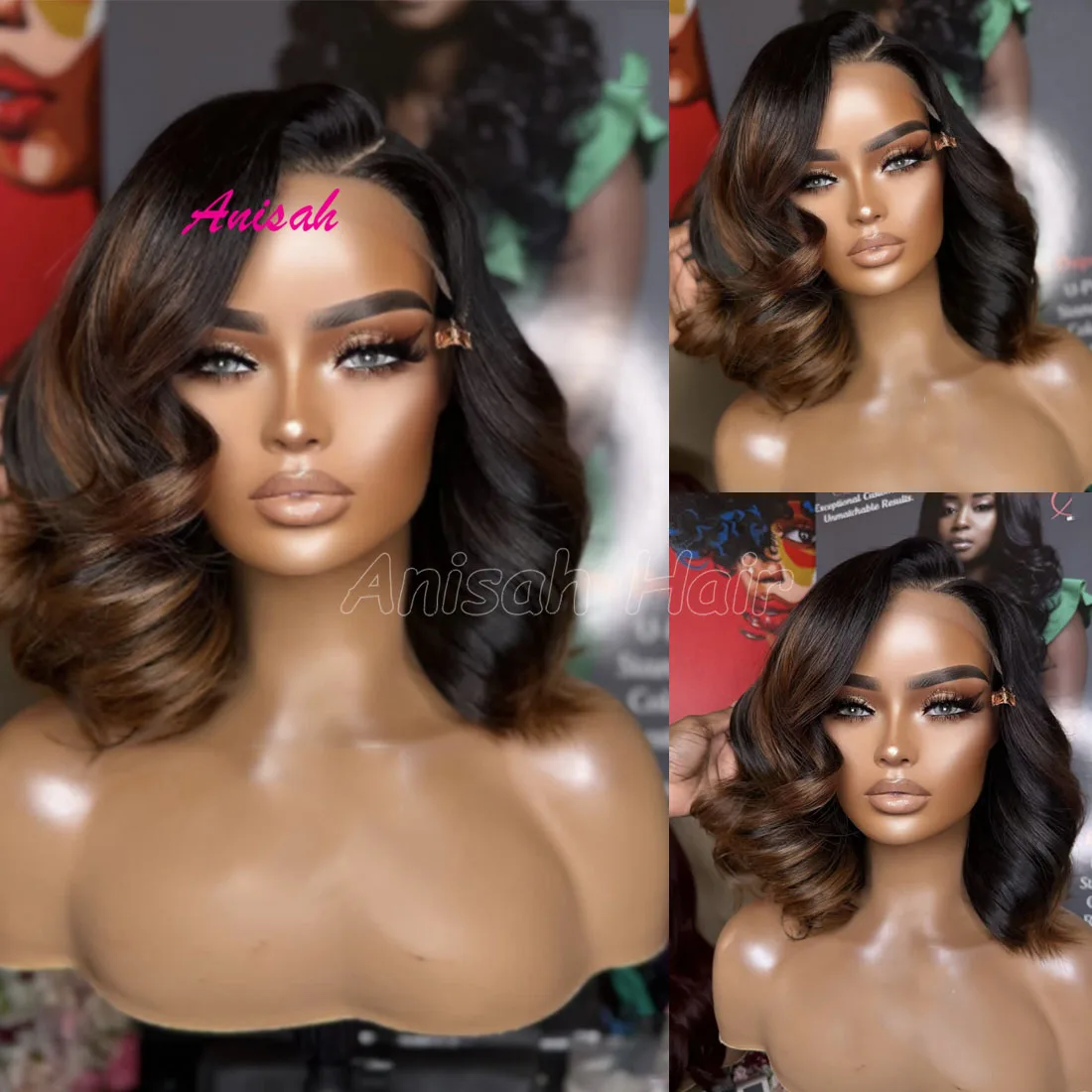

Lace Front Closure Short Bob Wig Human Hair Highlight Brown Wavy Wig Pre Plucked Natural Hairline Human Hair Wig For Black Women