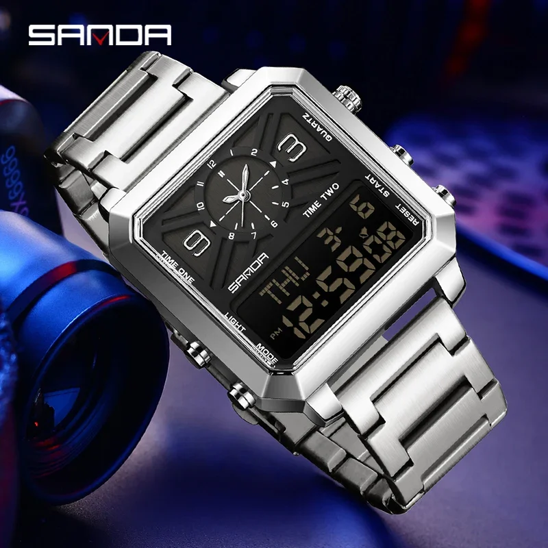 SANDA สแตนเลสสตีลกีฬาสแควร์นาฬิกาควอทซ์ผู้ชายจอแสดงผลคู่กันน้ำ LED นาฬิกาดิจิตอลนับถอยหลังนาฬิกาข้อมืออิเล็กทรอนิกส์ชาย