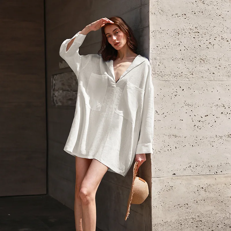 فستان قميص كتان عتيق 100% للنساء بياقة على شكل v وأكمام طويلة مع جيوب لون أبيض غير رسمي فضفاض ملابس خروج قصيرة
