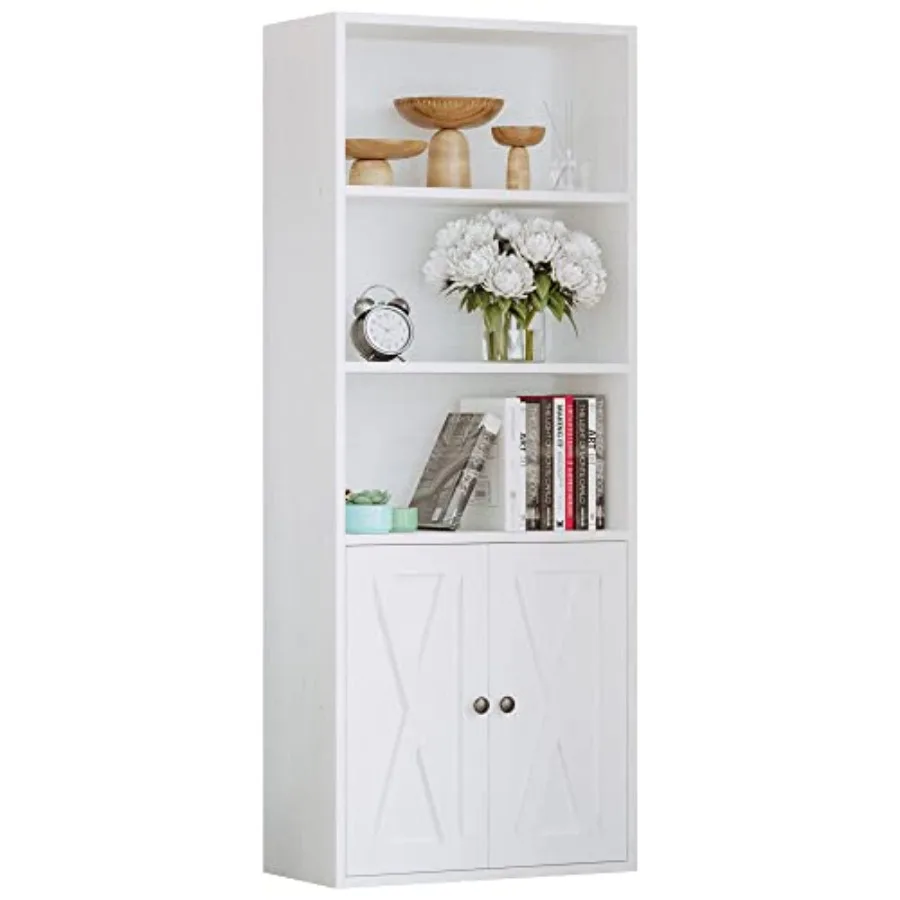 5-Tier Bookshelf, 11.8in Depth Bookcase with Doors Industrial Bookshelf with Storage, Floor Standing Display Storage Shelves fo