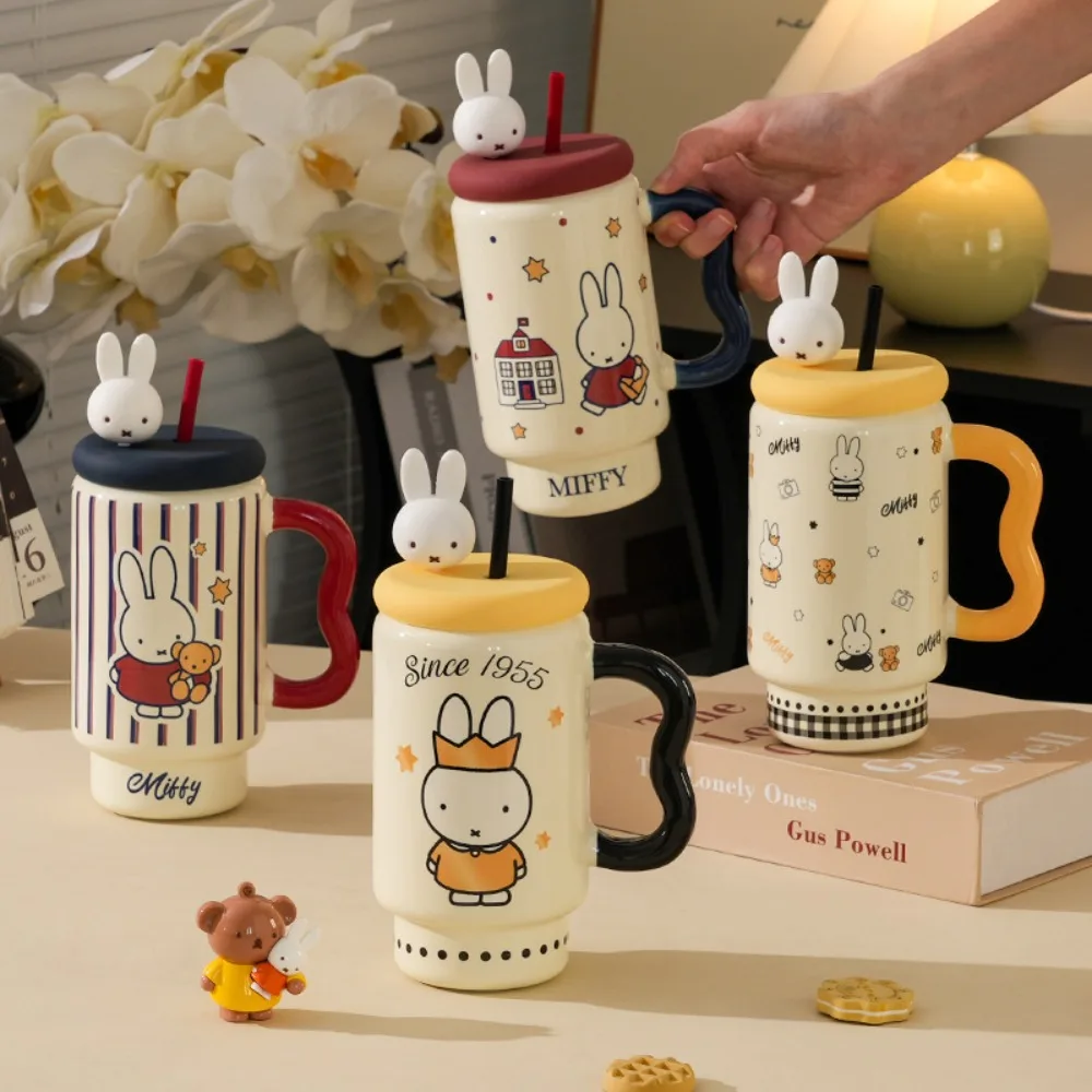 

Kawaii Miffy Ceramic Mug Cute Rabbit Cup with Lid Straw Miffy Head Decorative Drinkware Lovely Insulated Tumbler Girl Gift