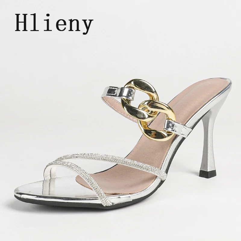 

Новые модные женские шлепанцы Hlieny с узким ремешком, серебристые босоножки на высоком каблуке с открытым носком, украшенные стразами, для вечеринок