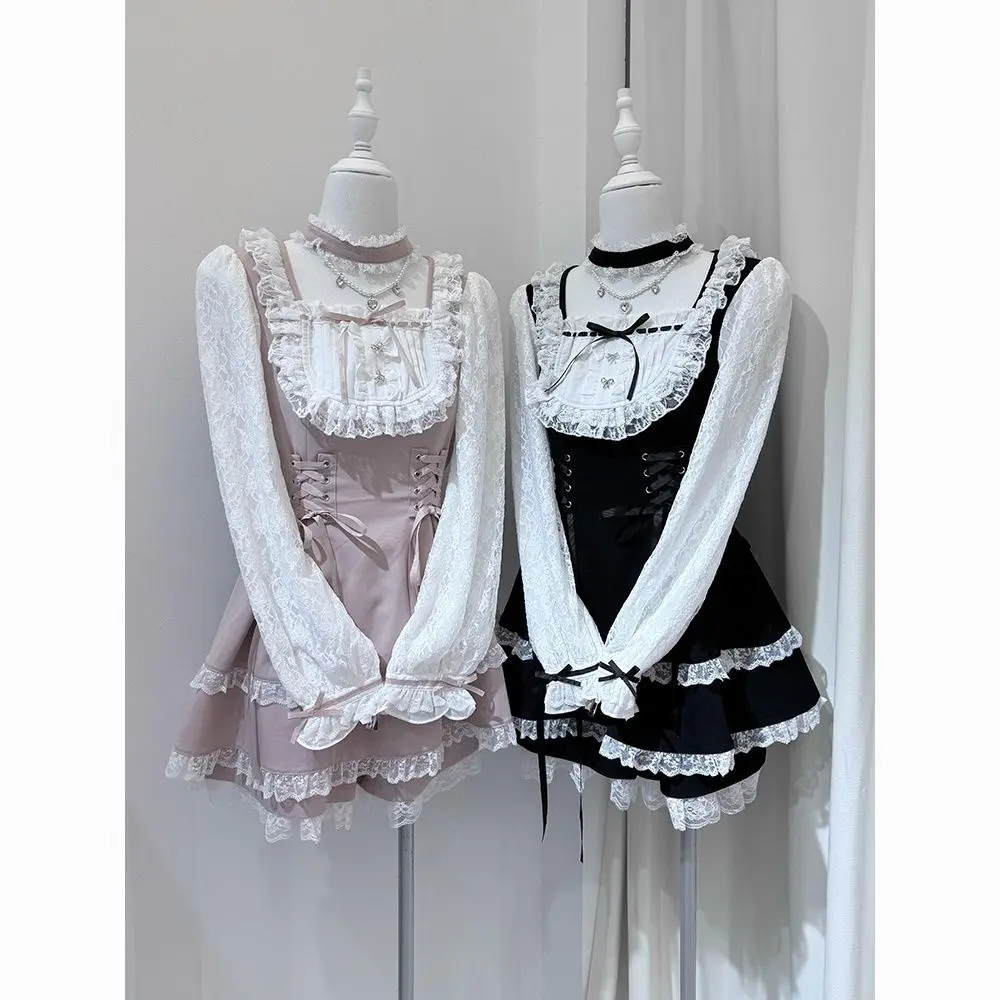 MAGOGO Japanese Gothic Y2k Rhinestone Bow Dress Set Women Sweet Lolita Lace Ruffles Bandage Slim Dress Kawaii Party Dresses