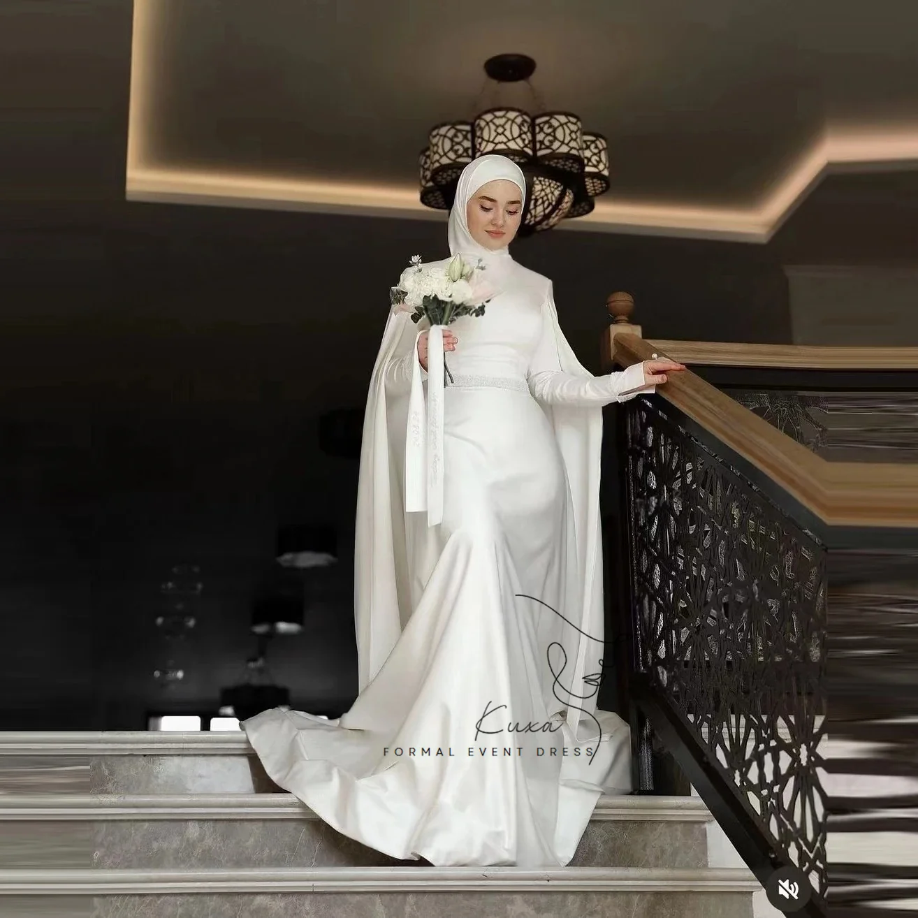 KUXA Maßgeschneiderte A-Linien Elegante Muslimische Hochzeitskleider für Frauen mit Langen Ärmeln Bodenlang Saudi-Kuwait Formelle Brautkleider 2026