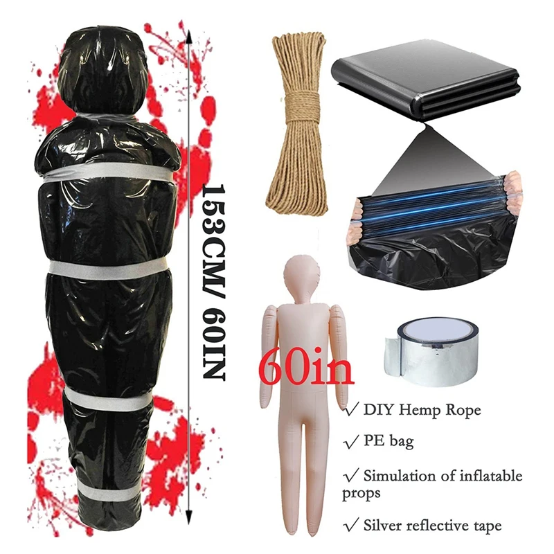 59Inch Halloween Corpse Props Set Yard Creepy Shroud Decoration Horror Bloody Bag Haunted House Hanging Decorations