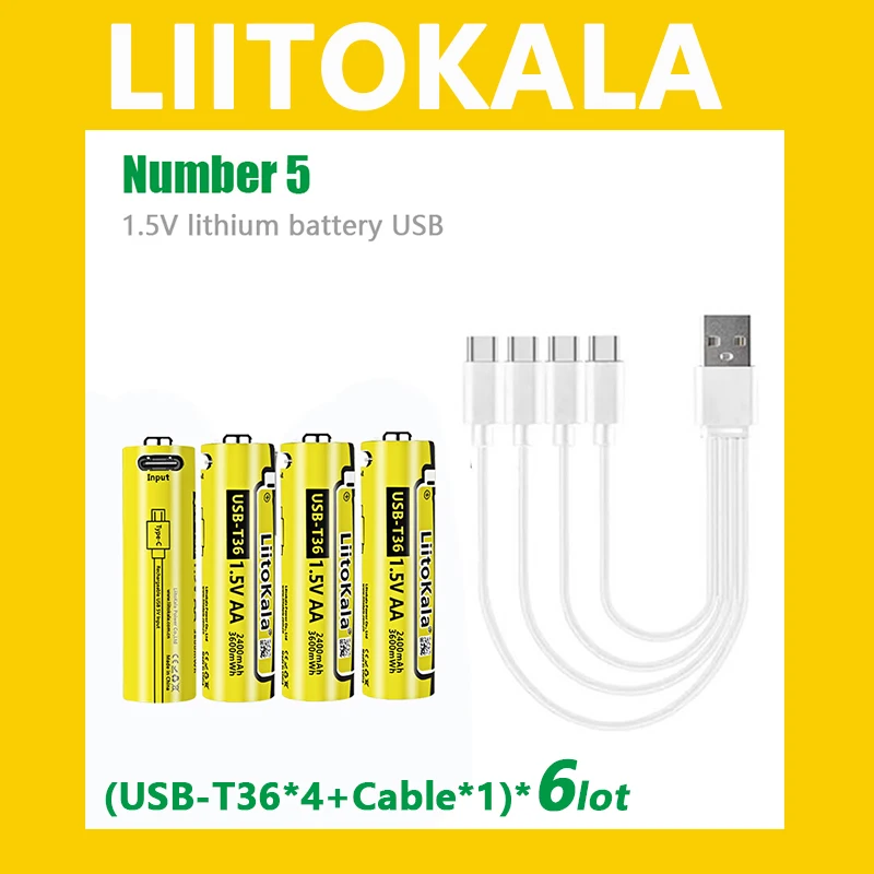 

24pcs Liitokala USB-T36 AA 1.5V 3600mWh Large Capacity Lithium Rechargeable Battery Type-C USB Fast Charge for Mouse Toy