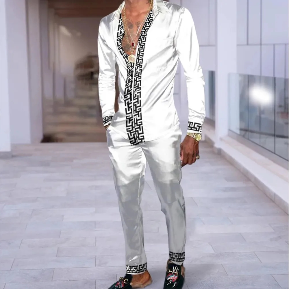 

Shirt Suit Man 3D Print Luxury 2PCS Set Striped Check Fashion Breathable Men's Lapel Long Sleeve Shirt Long Pants Two Piece Set