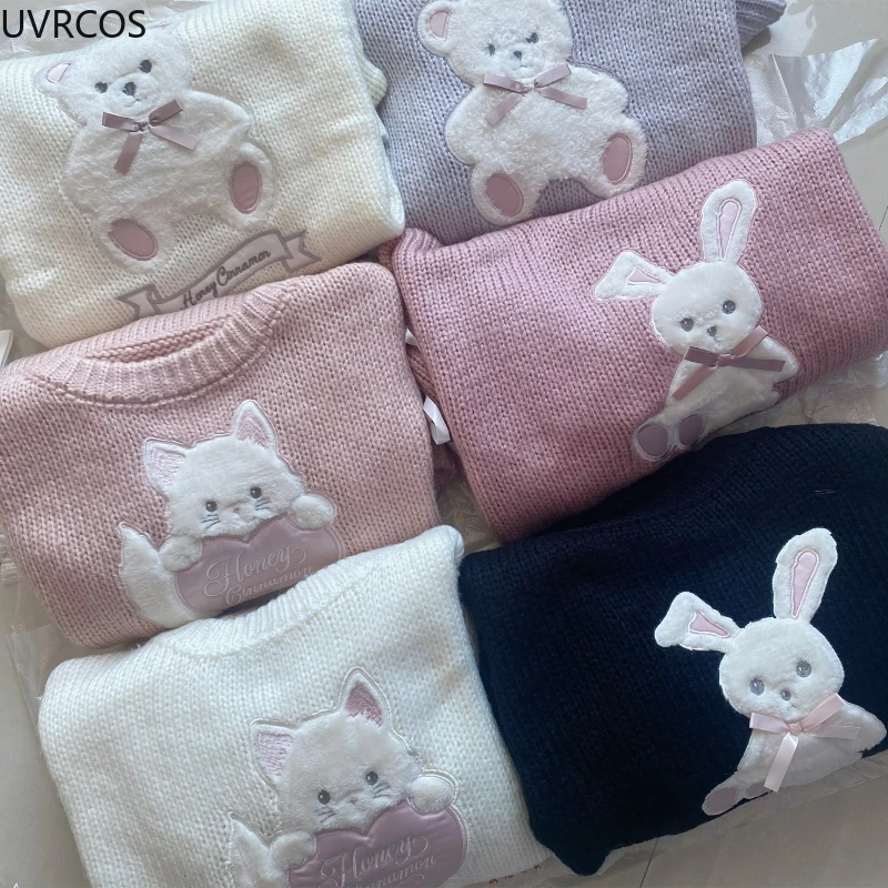 Japanese Sytle Kawaii Lolita Knitted Pullover Women Cute Cartoon Bear Embroidery Bow Bandage Sweater Female Sweet Chic Bunny Top