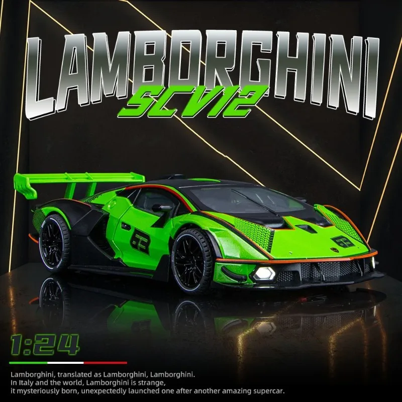 1:24 Lamborghini SCV12 Alloy Racing Car Four Open Doors Light Sound Effect Rubber Tire Pull Back Race Car Desktop Display Gift