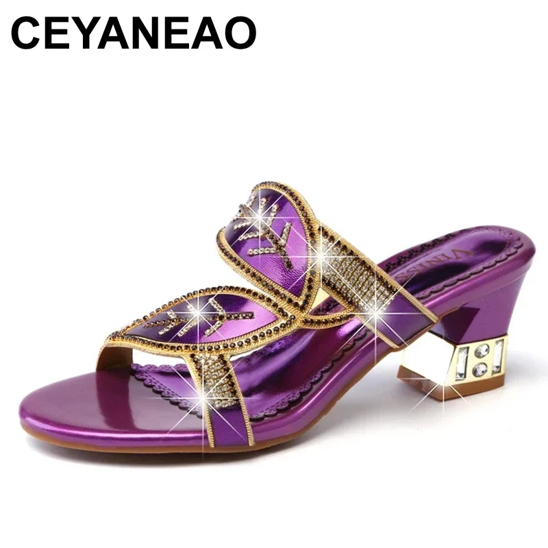 

CEYANEAO Fashionable and delicate Patchwork multi color ladies'slippers women's slippers Nigeria style stones shoes magenta