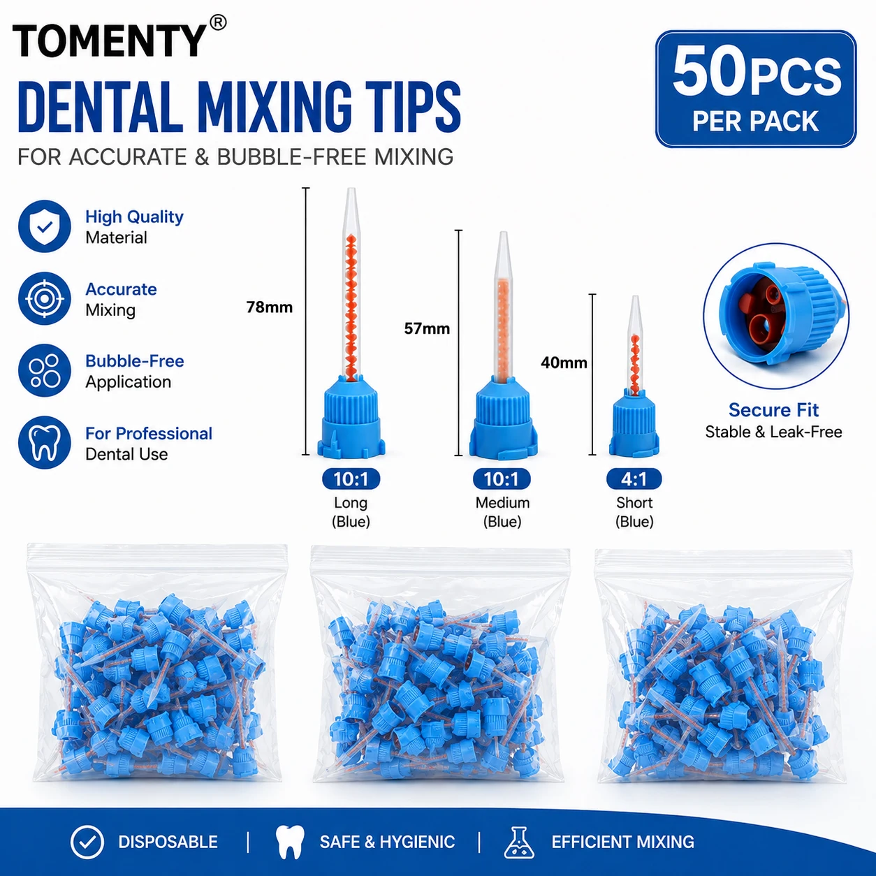 50pcs Dental Lab Impression Mixing Tips Disposable Dental Tips for Impression Material Silicon Mixing Tube Head Nozzles Blue New