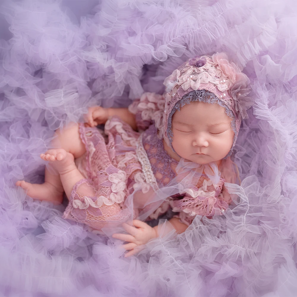 

Newborn Photography Props Kit Baby Girl Purple Lace Dresses+Flower Hat Studio 0-1 Month Baby Creative Fantasy Theme Photo Props