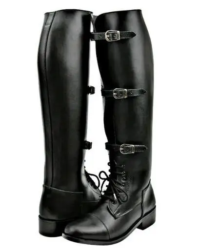 Herren Mode Runde Zehenkappe Schnürstiefel mit Schnallen Flache Kniestiefel für Männer Kreuzgebundene Motorradstiefel Vintage Reitstiefel in Unifarben – Detail 7