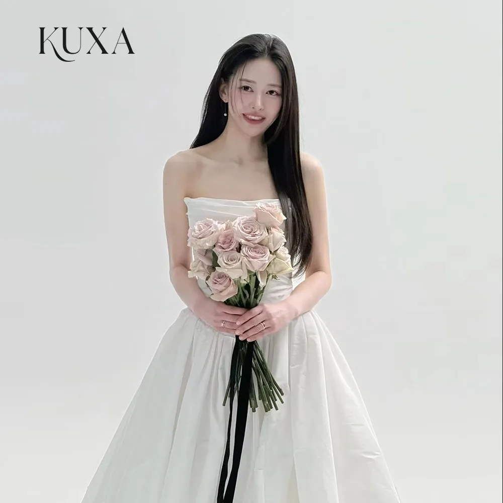 KUXA Simple Strapless A Line Wedding Dresses Korea Photo Shoot Pleats Floor Length Bridal Gowns with Sleeves Corset Customized