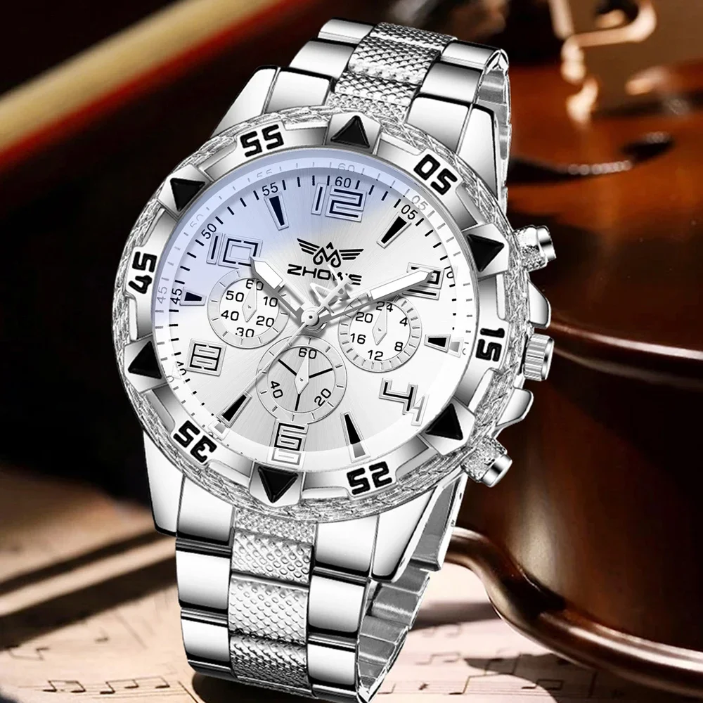 4PCS Silver Men's Fashion Casual Mixed Scale Dial Quartz Watch Bracelet Necklace Ring Set Suitable for Daily Wear Decoration - view 3
