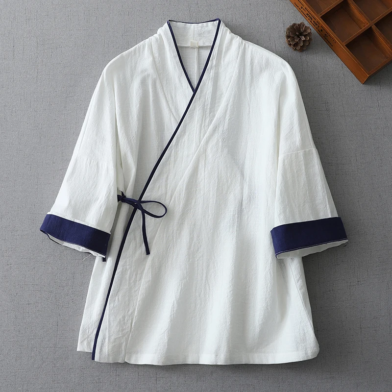 

Женская футболка из хлопка и льна в стиле ретро с поясом, открытый кардиган большого размера, костюм дзен-чай, традиционный китайский костюм...