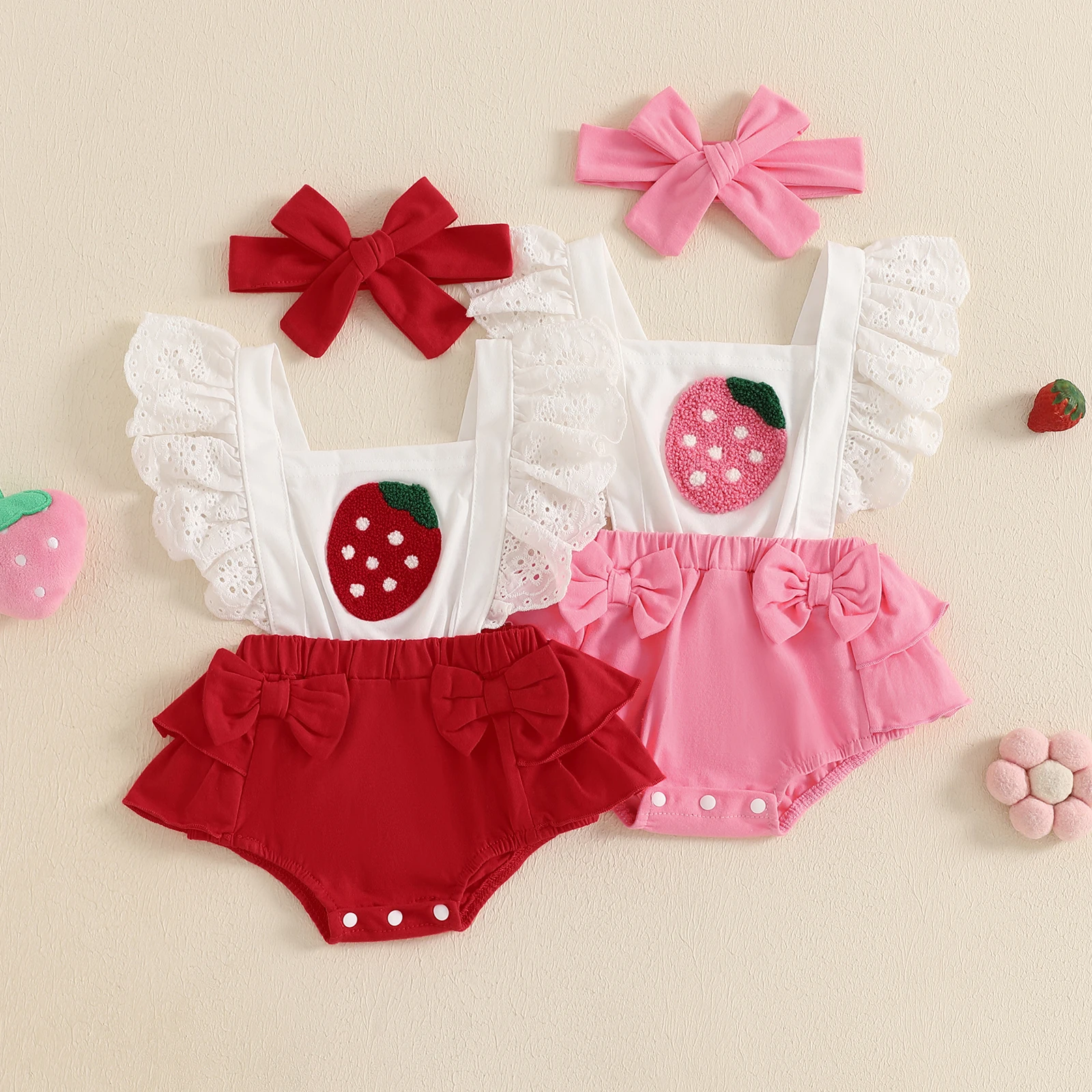 Baby Girl Summer Outfits Short Puff Sleeve Strawberry Plaid Patchwork Romper with Headband Set Infant Sweety Bodysuits Clothes