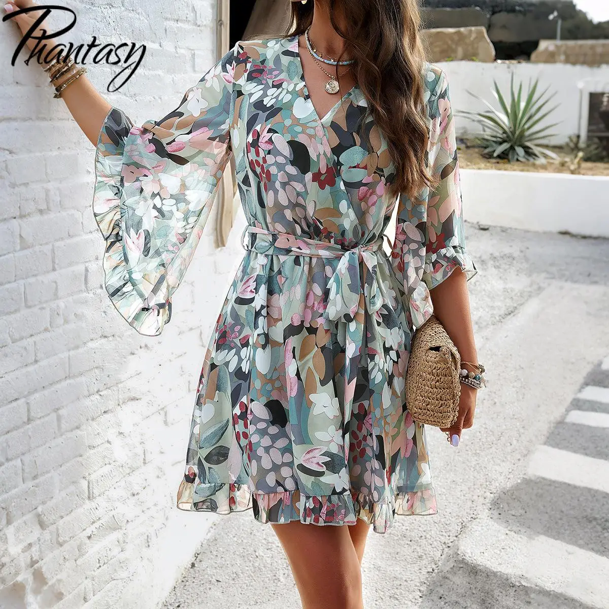 Phantasy Women Boho Beach Dresses Casual Simple Style Sexy V Neck Floral Strap Skirt Dress Women's Clothing 2025 Summer