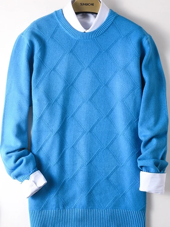 

Retro Diamond Pattern Thiened Large Size Men's Camere Sweater round Ne Wool Knitted irt Warm Casual Long Sve Top