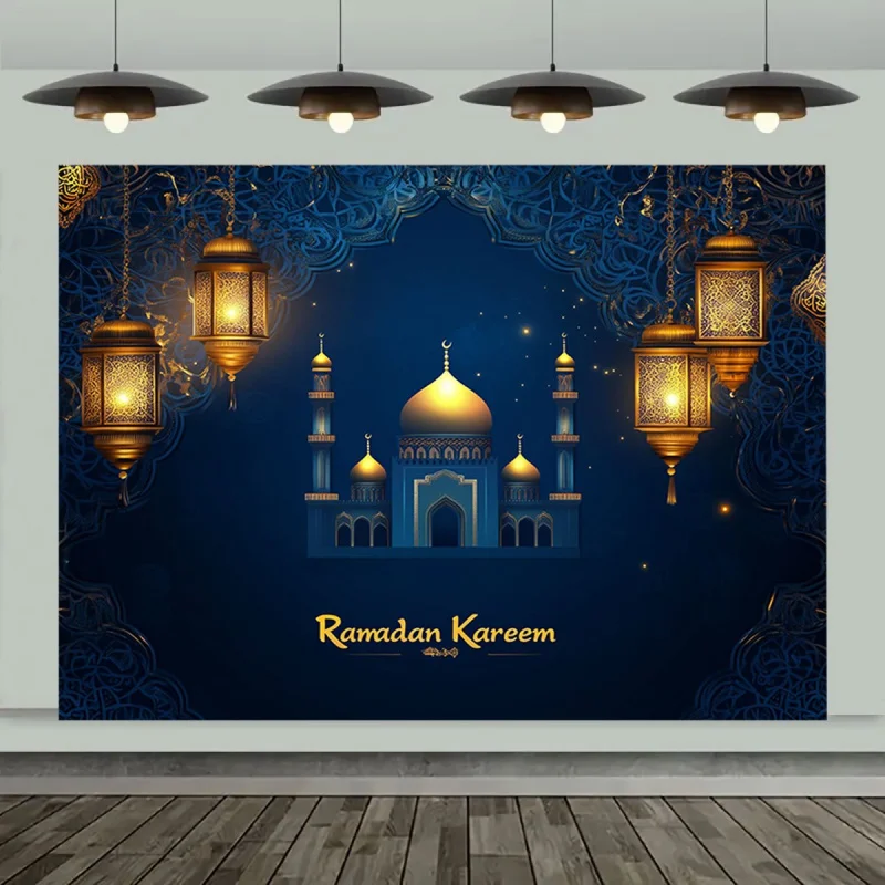 1 قطعة 2DFlat خلفية لافتة موضوع رمضان الإسلامية - تصميم المسجد الذهبي والفانوس، لا يتطلب إمدادات الطاقة