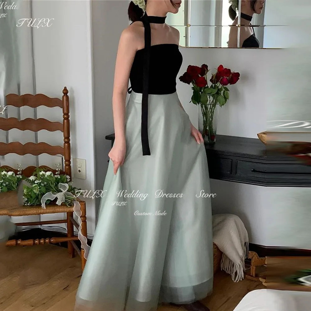 TULX Simple Black And Pink Korea Evening Dresses For Wedding Party Strapless Ankle Length Prom Gowns Formal Occasion Dress