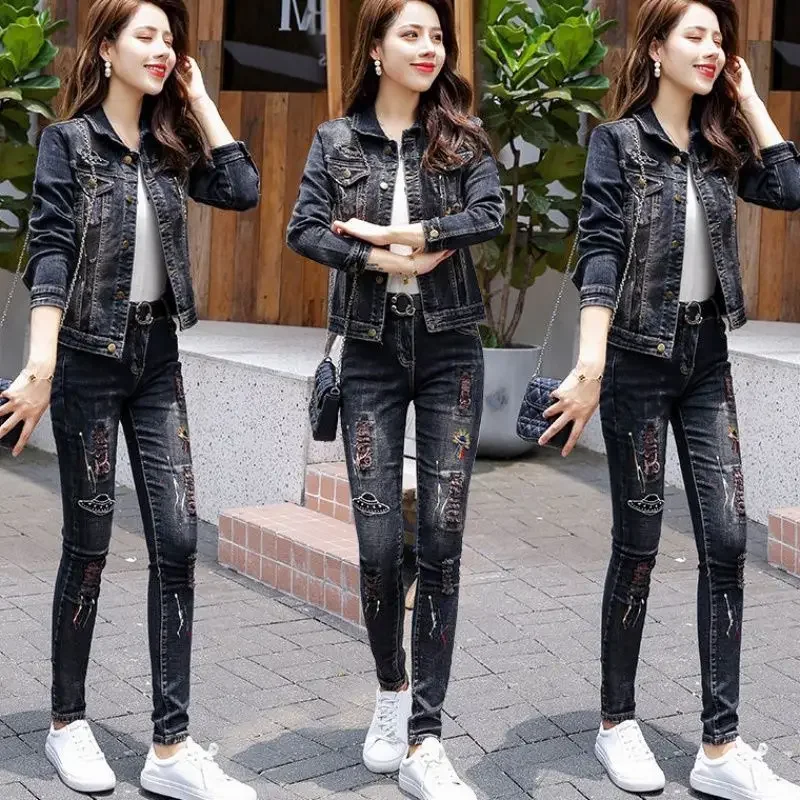 Retro denim top and pants set, spring and autumn new Korean casual couple outfit