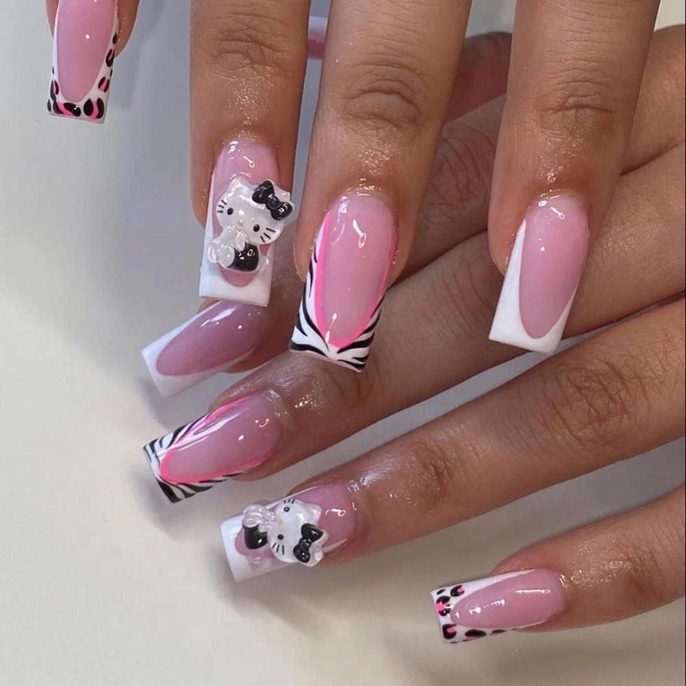 Kawaii Rhinestones Sanriod Hello Kitty Press On Nails Art Nude Pink French Duck Feet 3D Flowers 10Pcs Handwork Nails Sticker