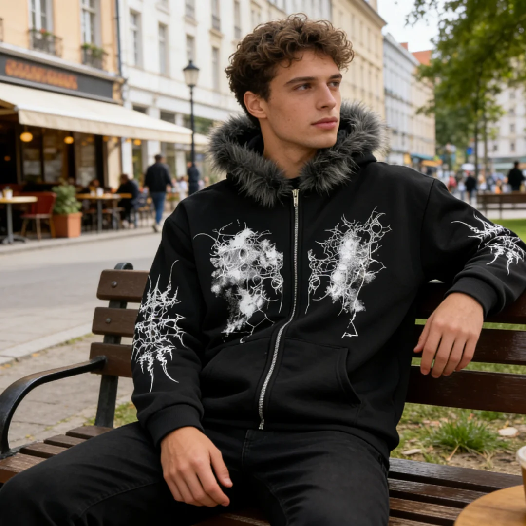 

Комплект из худи на молнии с капюшоном и брюк с меховым воротником в стиле Y2K, с принтом, для мужчин и женщин, коллекция осень-зима 2026