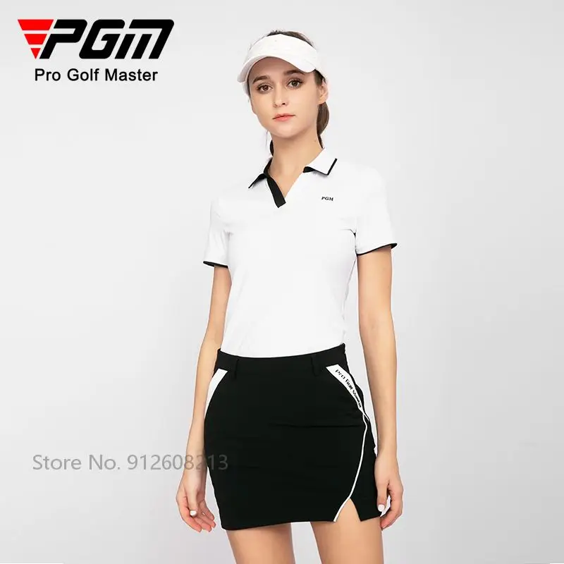 PGM Summer Women Slim Golf Wear V-neck Sports T-shirts Female Short-sleeved Golf Shirts Quick-dry Elastic Sportswear Casual Tops