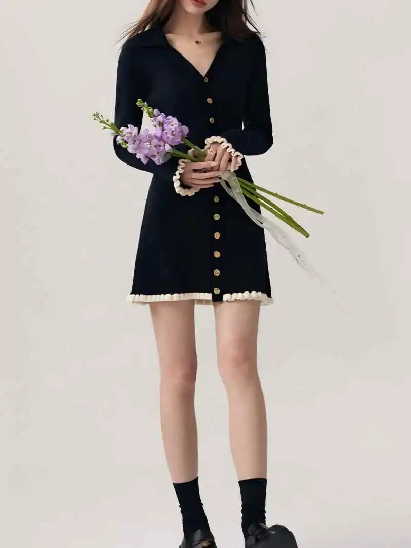 CGC Korean Preppy Style Knitting Womens Dresses 2025 Casual French V-neck Short Dresses Single Breasted Elegant Party Dresses