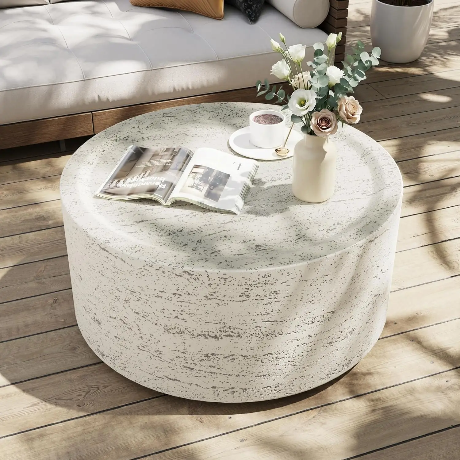 

28" Round Outdoor Coffee Table, Modern Hollow Concrete Patio Table, Small Minimalist Low Accent Table for Living, Customized