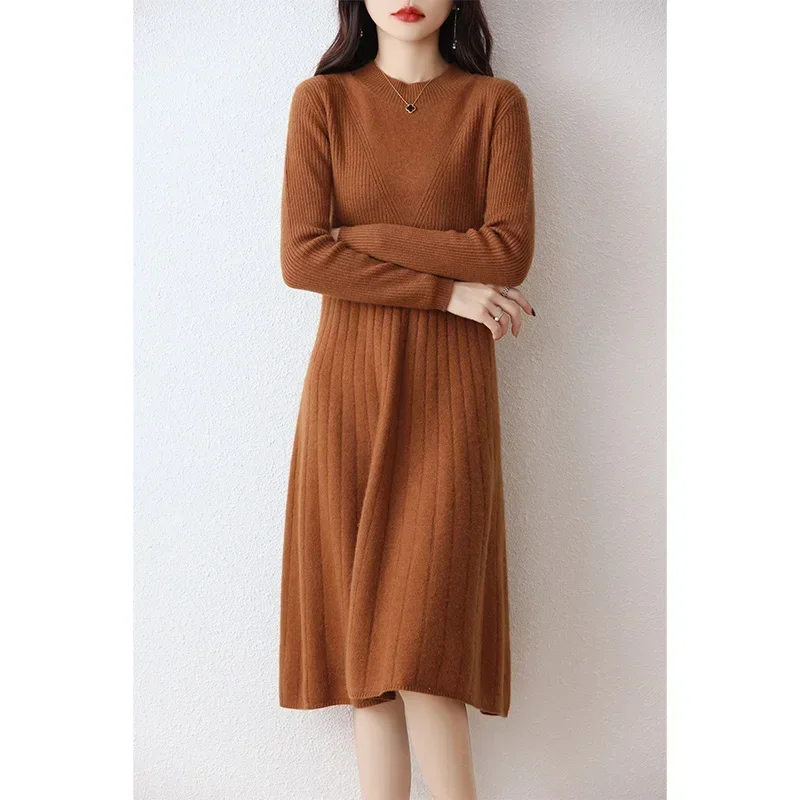 

2023 Autumn Winter High Elasticity 100% Wool Sweater Dress Women Thicken Warm Slim Dresses Female Casual Basic Knitted Pullover