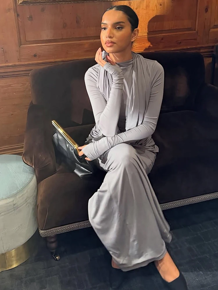 Weird Puss Elegant Bandage Dress Women Halter Ruched Patchwork Half High Collar Peach Hip Simple Stretch Skinny Slit Bodycon