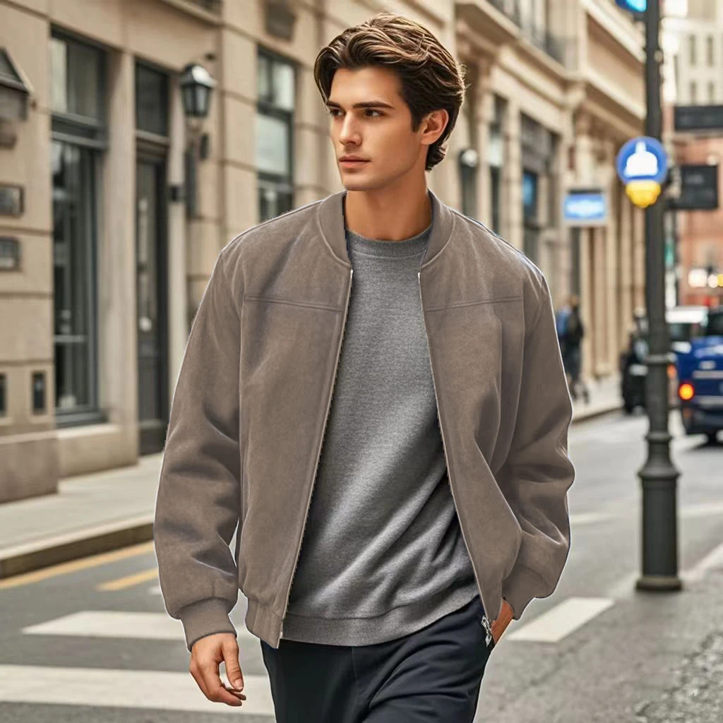 Cross-border suede solid color men\'s zipper jacket casual retro long-sleeved jacket