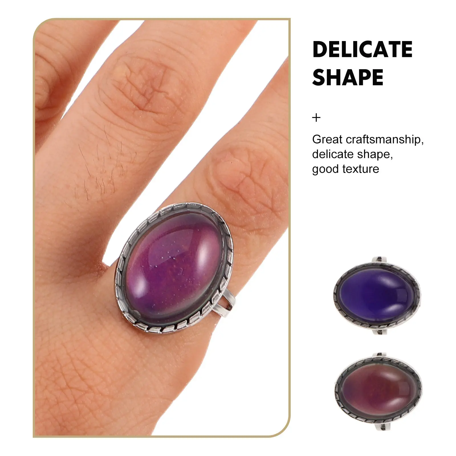 2Pcs Oval Color Changing Mood Ring for Women Vintage Adjustable Stone Ring Trendy Temperature Sensitive Jewelry Special Occasion