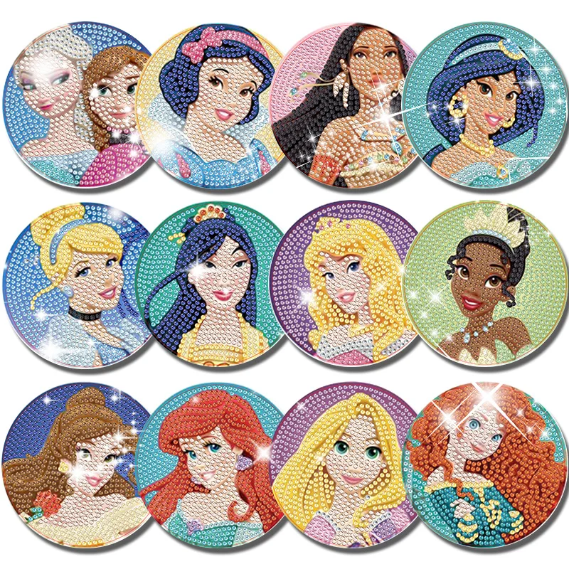 DIY Disney Diamond Painting Coaster Snow White Princess Mulan Cartoon Mosaic Drink Cup Pad Table Placemat with Holder Crafts