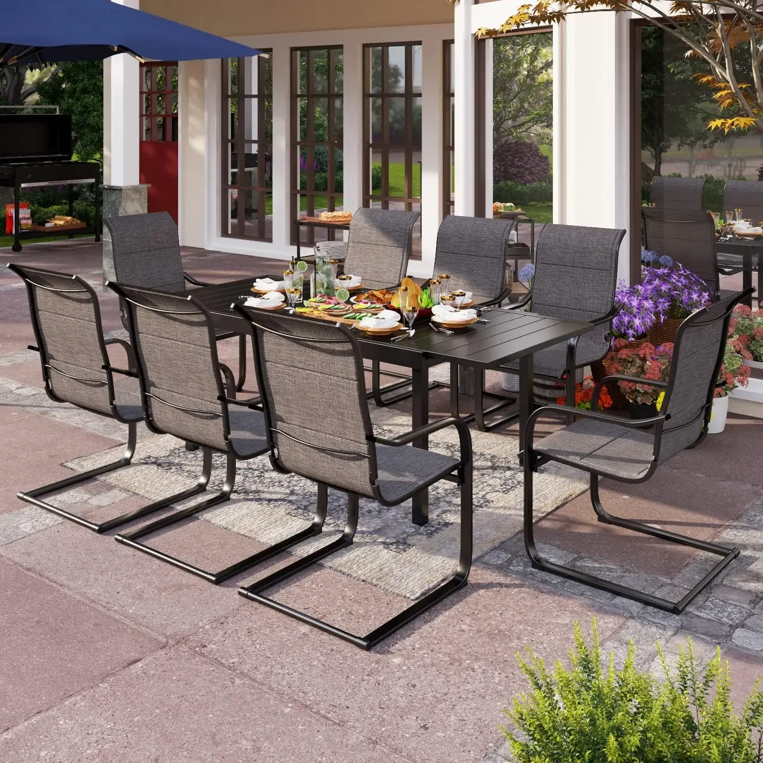 

9 PCS Patio Dining Table and Chairs,Large Rectangular Metal Table with Spring Dining Chairs,Breathable Fabric and Metal